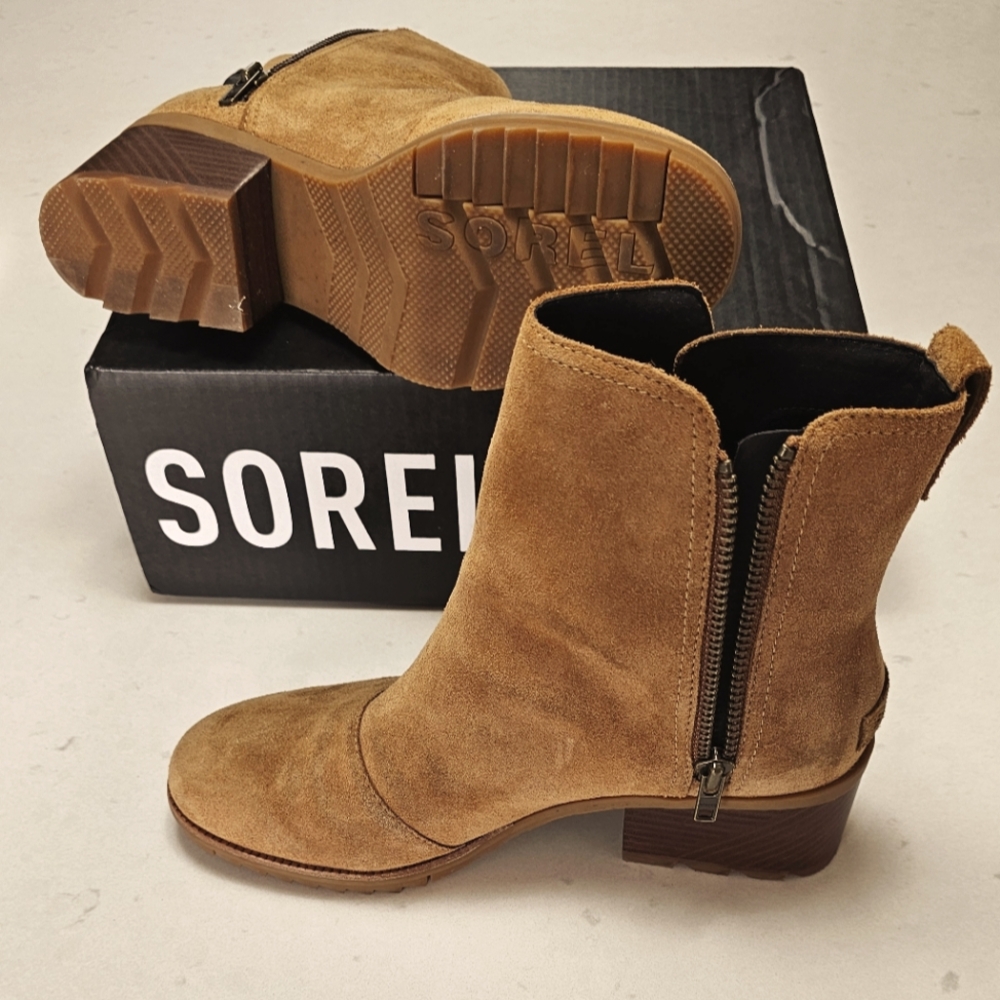 SOREL "Cate" CAMEL BROWN 🐫🤎 Suede Leather Block Heel Ankle Bootie Boot 9